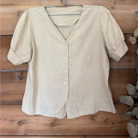 Handmade Tops - Elegant Handmade Linen Beige Button-Up Blouse